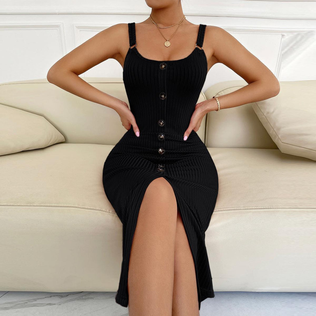Damen Knielanges Kleid mit vertikalem Rippdesign und praktischen Knopfdetails EB