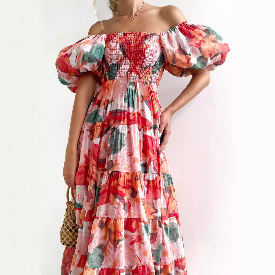 Damen Off-Shoulder Maxikleid mit voluminösen Puffärmeln EB