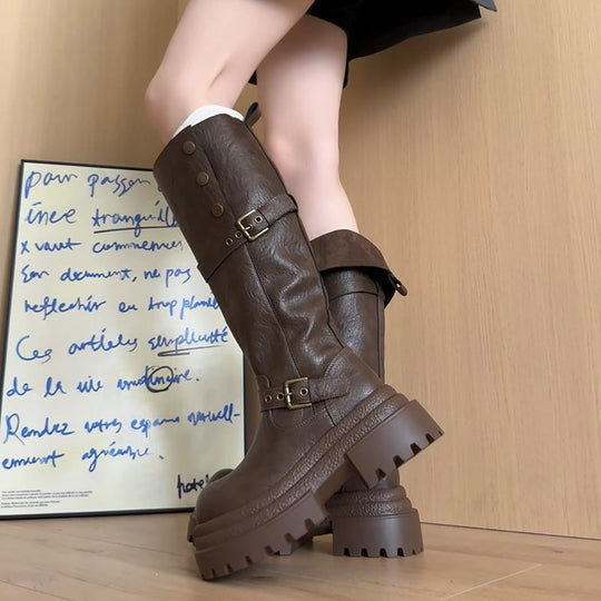 Damen hohe Stiefel mit modischem Schnallendesign und robustem Sohlenprofil EB
