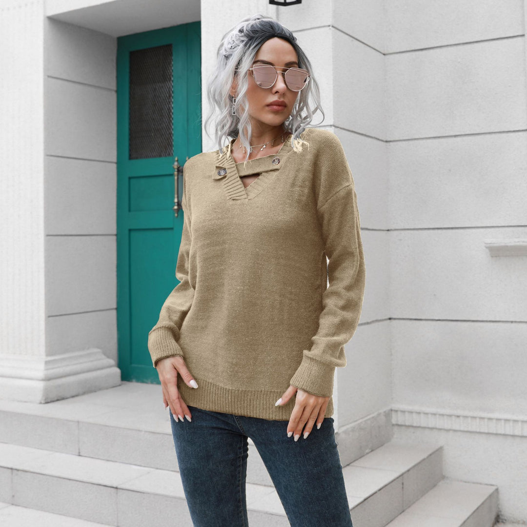 Damen Strickpullover mit einzigartigem V-Ausschnitt und eleganten Knopfdetails EB