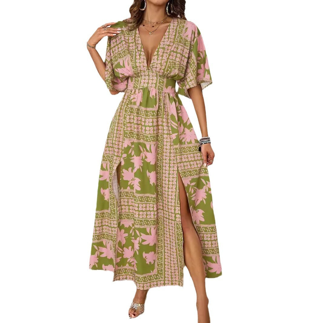Damen luftiges Maxikleid mit tiefem V-Ausschnitt und eleganten Rüschen EB