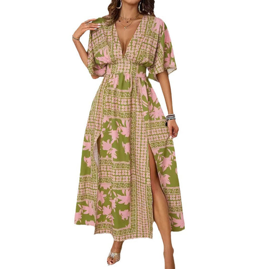 Damen luftiges Maxikleid mit tiefem V-Ausschnitt und eleganten Rüschen EB