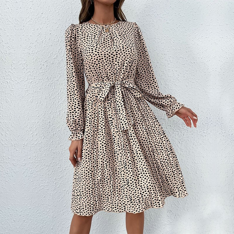 Damen Midikleid mit elastischem Taillengürtel und femininem Punktenmuster EB