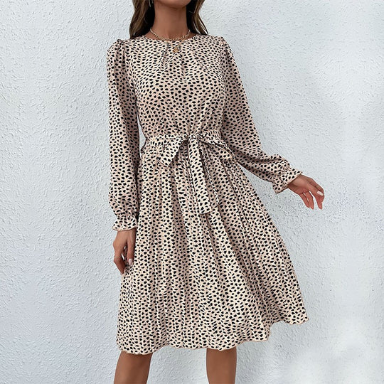 Damen Midikleid mit elastischem Taillengürtel und femininem Punktenmuster EB