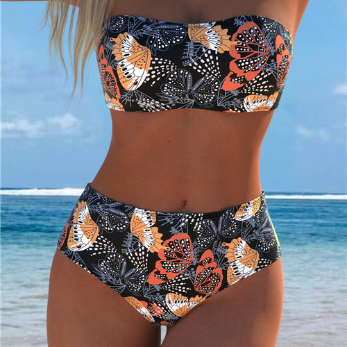 Damen Bandeau-Bikini mit hohem Taillenschnitt und kontrastierendem Blumendesign EB