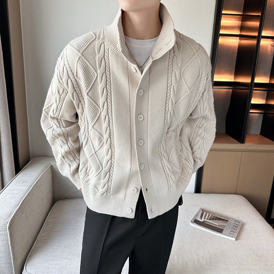 Herren modischer Strickjacke mit Zopfmuster und modernem Kragen EB