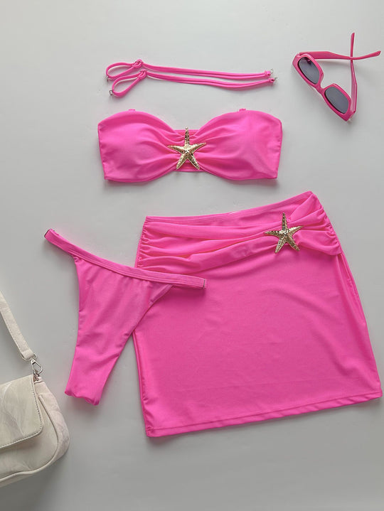 Damen Bandeau-Bikini-Set mit schicker Rüschenverzierung und modischem Rock EB