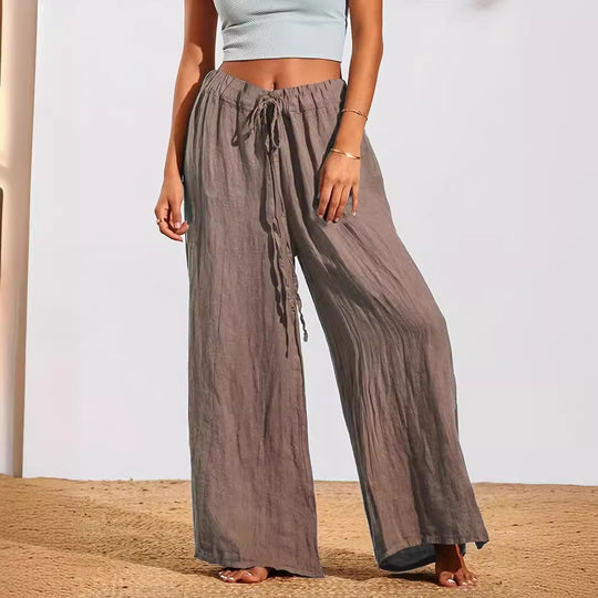 Damen Weite Sommertuchhose mit elastischem Bund und Bindegürtel EB