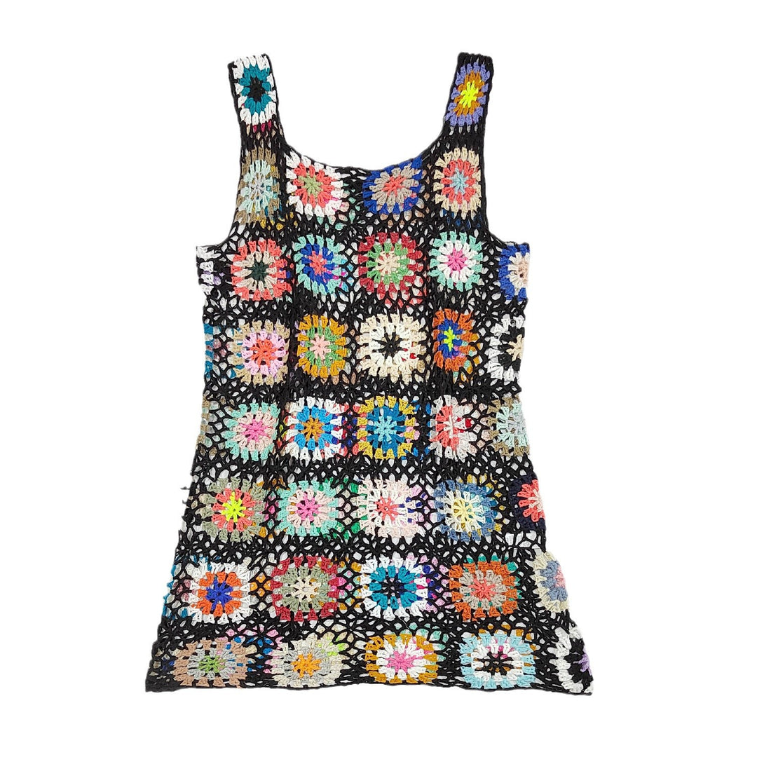 Damen luftiges Häkelkleid mit buntem Granny-Quadrat-Muster EB
