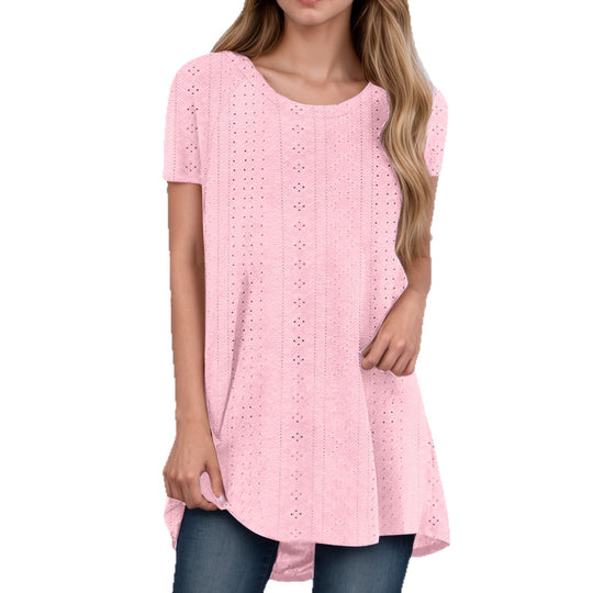 Damen nan locker geschnittene Broderie-Anglaise Tunika mit Rundhalsausschnitt, seitlichen Schlitzen und abgerundetem Saum EB