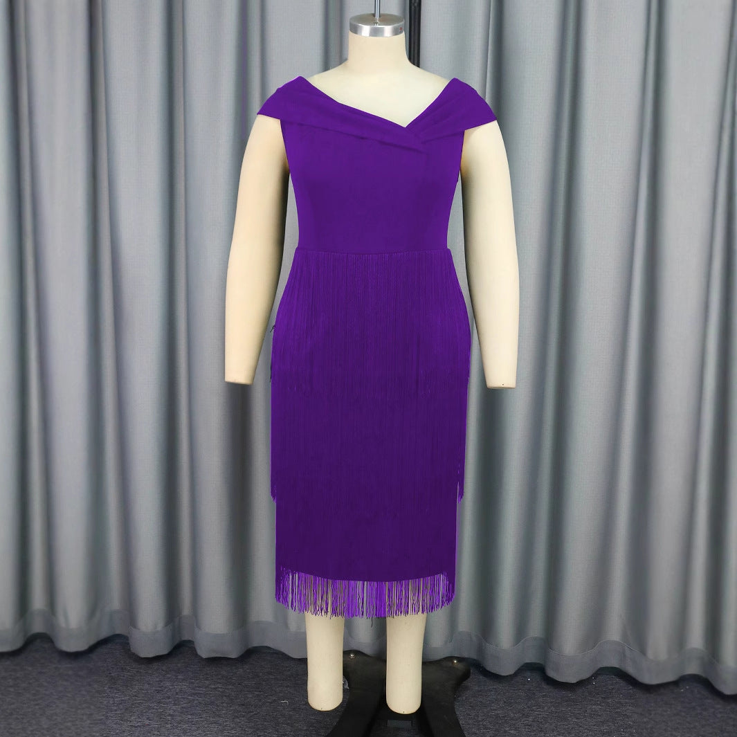 Damen Glamouröses Fransen-Kleid mit elegantem V-Ausschnitt EB