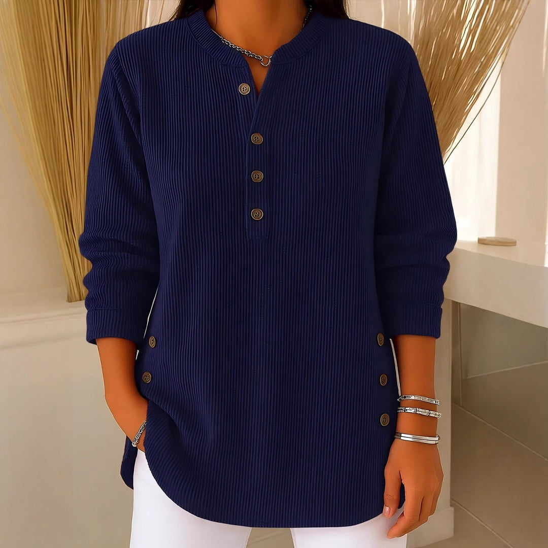 Damen nan plissee Tunika-Bluse mit Stehkragen, Knopfleiste und seitlichen Zierknöpfen EB
