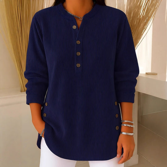 Damen nan plissee Tunika-Bluse mit Stehkragen, Knopfleiste und seitlichen Zierknöpfen EB