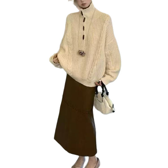 Damen Grobstrickpullover mit Zopfmuster und Knopfdetails EB