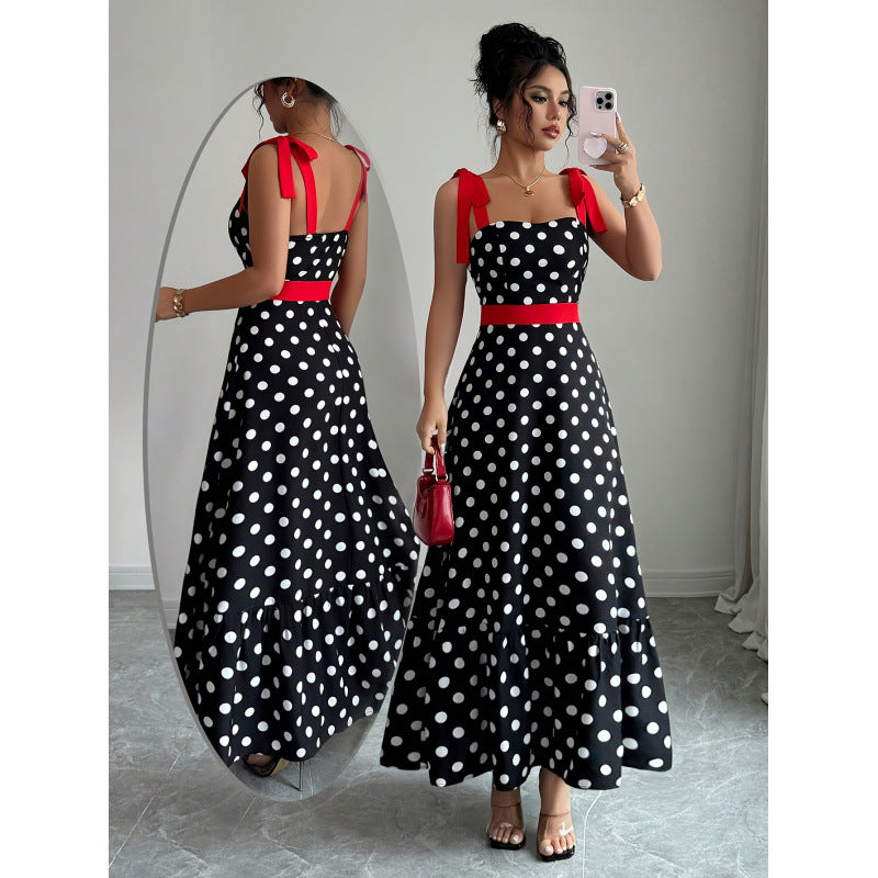 Damen Maxikleid mit verspieltem Polka-Dot-Muster und kontrastierendem Gürtel EB