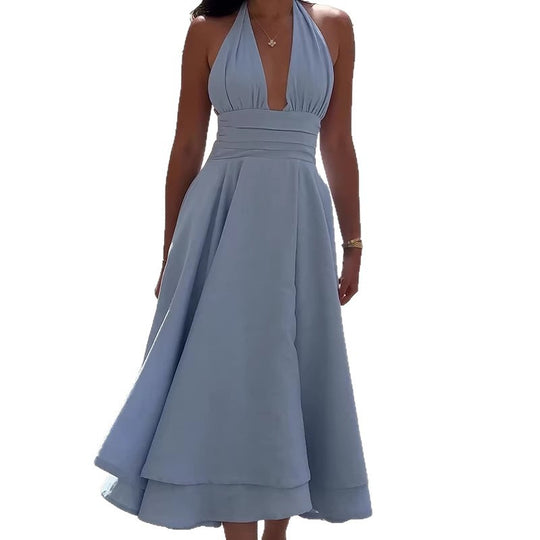 Damen elegantes Midikleid mit tiefem V-Ausschnitt und Fließendem Rock EB
