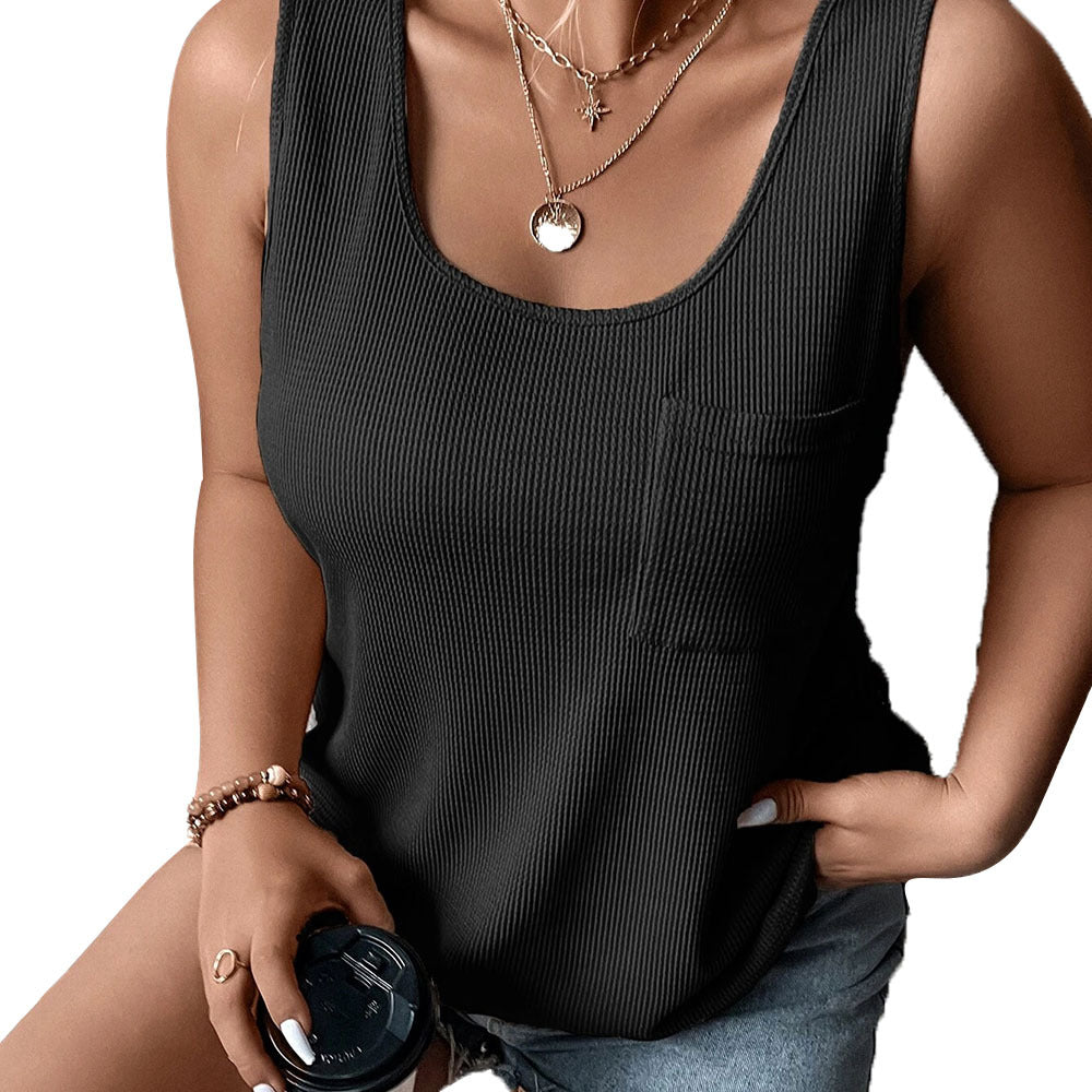 Damen lockeres Knoten-Tanktop mit breiten Trägern und Brusttasche EB