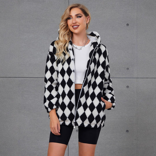 Damen Flauschige Jacke mit Karomuster und Kapuze EB
