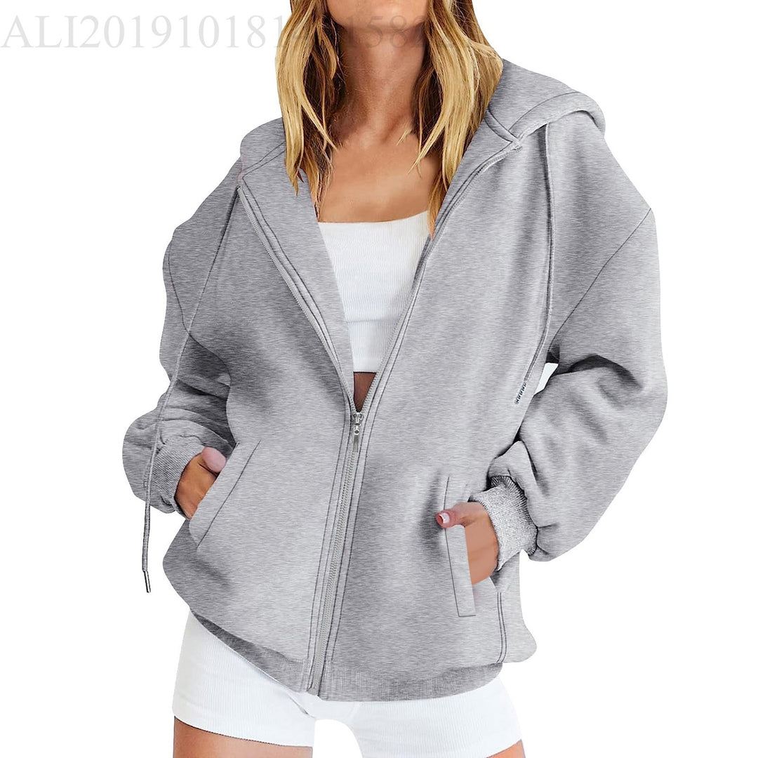 Damen nan lässige Zip-Hoodie-Jacke im Boxy-Cut mit überschnittener Schulter, verdecktem Tunnelzug und großen Kängurutaschen EB