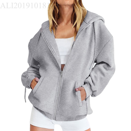 Damen nan lässige Zip-Hoodie-Jacke im Boxy-Cut mit überschnittener Schulter, verdecktem Tunnelzug und großen Kängurutaschen EB