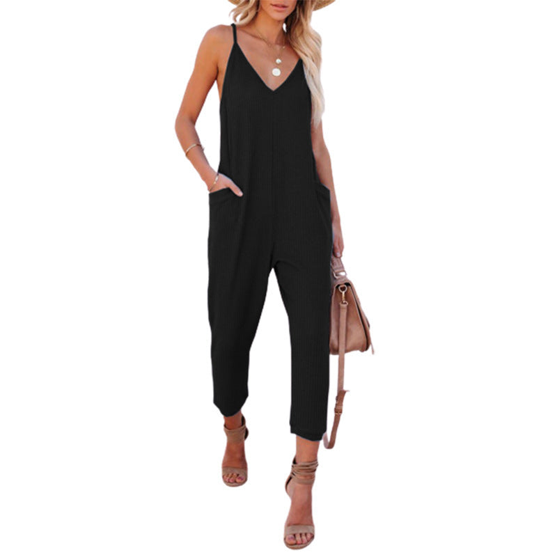 Damen lässiger Jumpsuit mit tiefem V-Ausschnitt und praktischen Seitentaschen EB