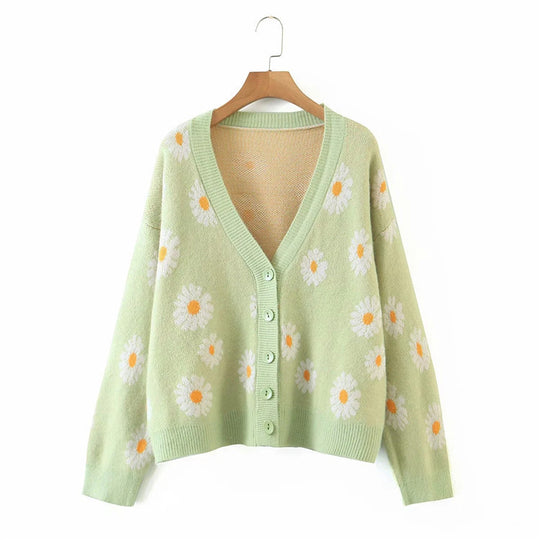 Damen Strickjacke mit floralem Design und V-Ausschnitt EB