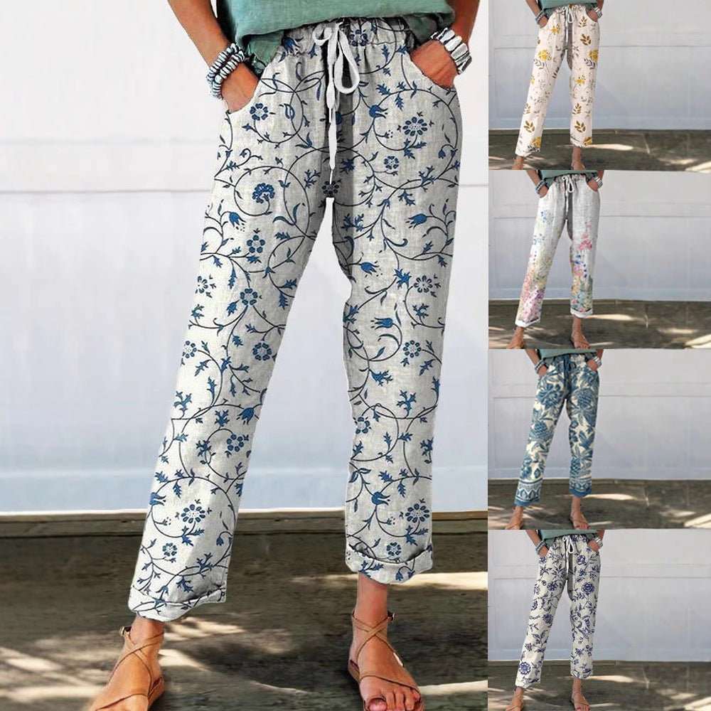 Damen Leinenoptik-Hose mit floralem Print, weitem Bein und Tunnelzug EB