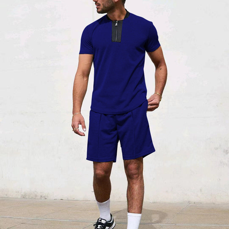 Herren Sportliches Kurzarm-T-Shirt mit Reißverschluss und Joggingshorts EB