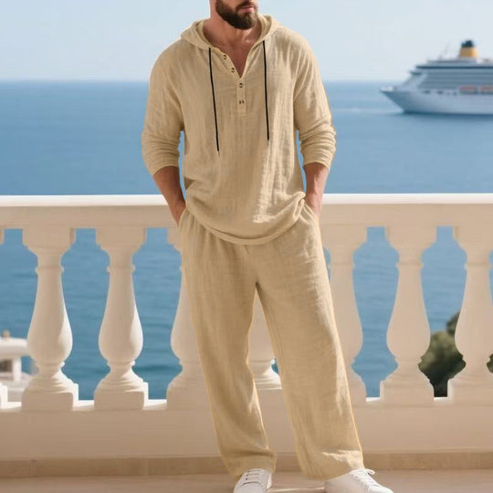 Herren nan lässiges Leinenzweiteiler-Set mit Kapuzenhemd im Henley-Stil und weiten Freizeit-Hosen EB
