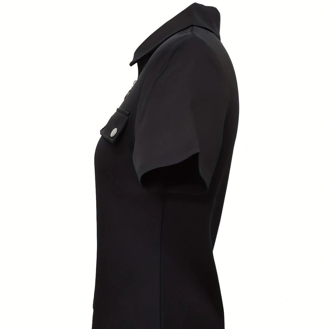 Damen Kurzarm-Bluse mit modischem Reißverschluss und dekorativen Taschen EB