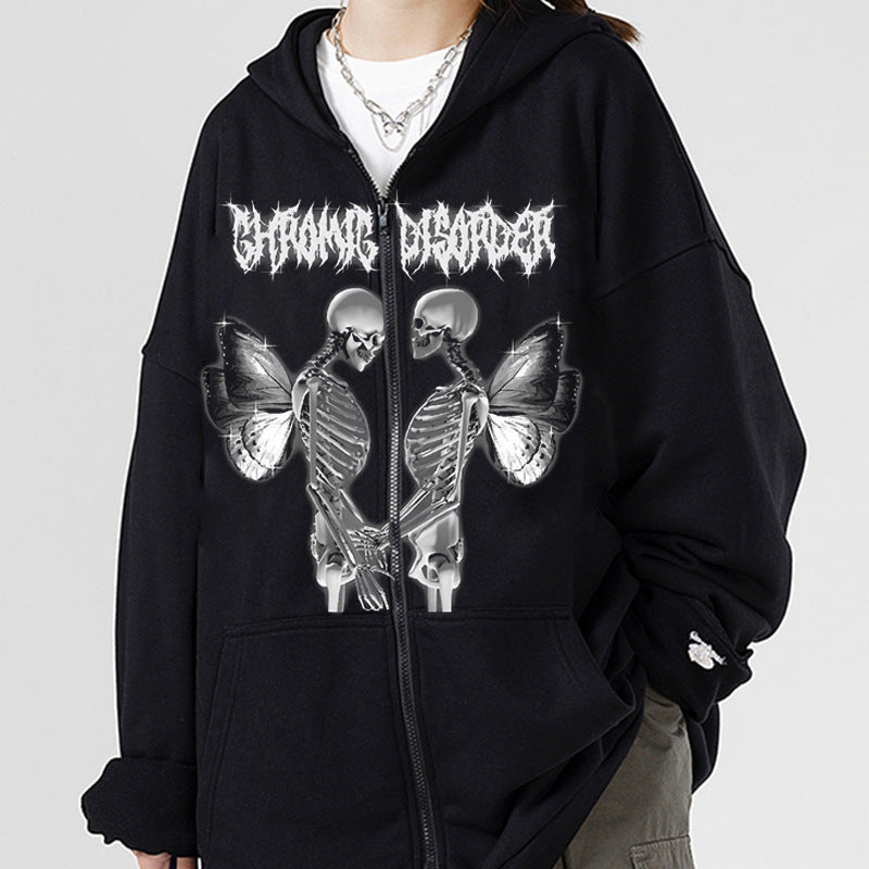 Damen nan Kapuzenjacke mit durchgehendem Reißverschluss und Rippenherz-Print EB