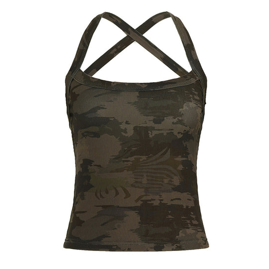 Damen sportliches Tanktop mit X-förmigem Rücken und Camouflage-Muster EB