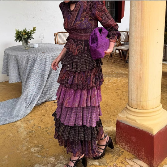 Damen Maxi-Kleid mit verspielten Mustern und hoher Taille EB