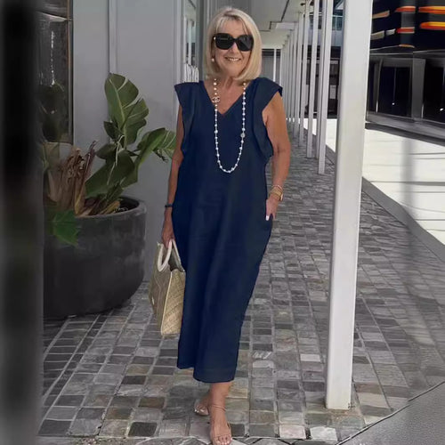 Damen Leichtes Maxikleid mit V-Ausschnitt und seitlichen Taschen EB