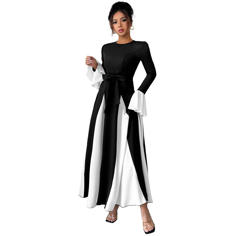 Damen Abendkleid mit tailliertem Corsagen-Oberteil, langen Ärmeln und kontrastierenden Volantmanschetten EB