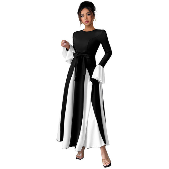 Damen Abendkleid mit tailliertem Corsagen-Oberteil, langen Ärmeln und kontrastierenden Volantmanschetten EB