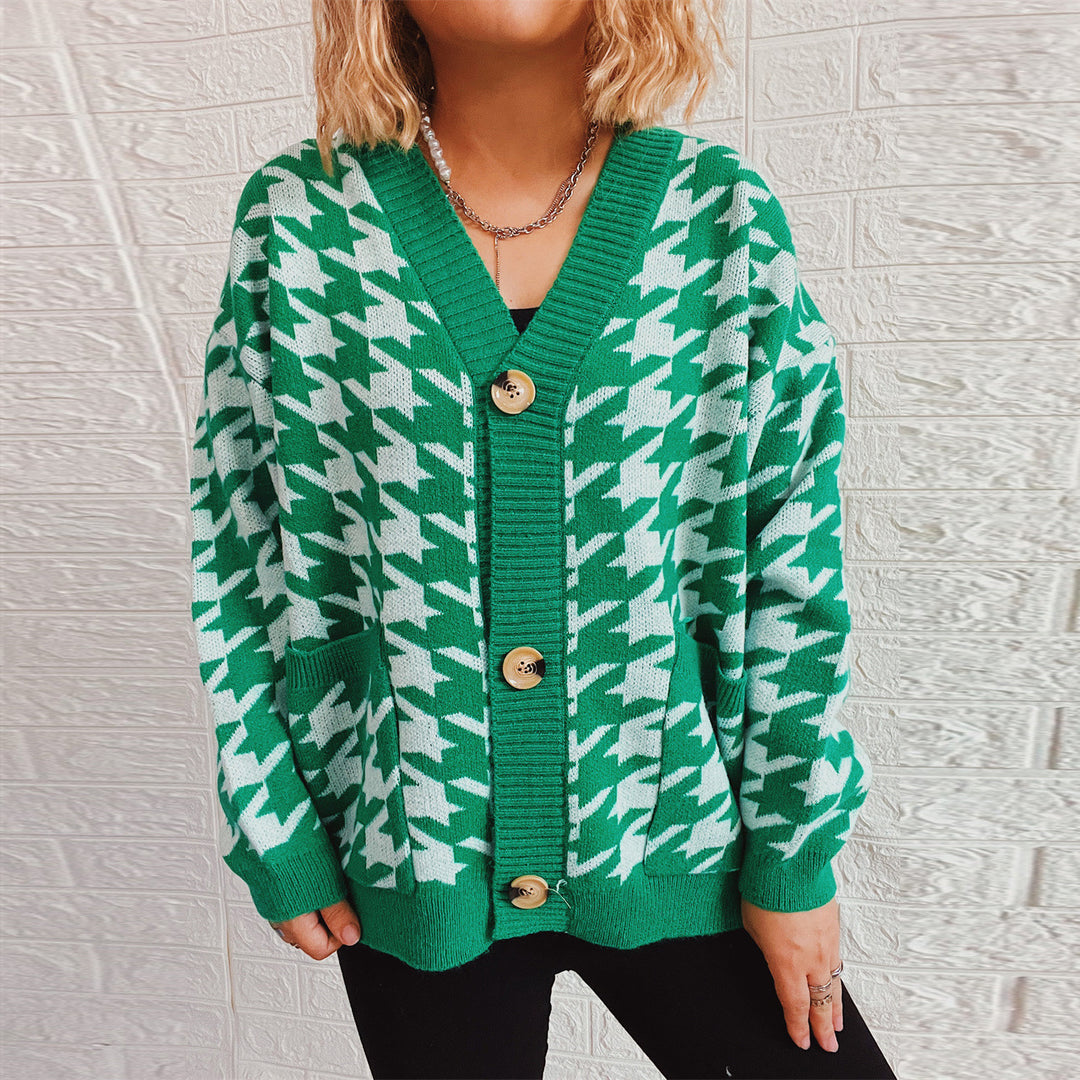 Damen gemütlicher Strickcardigan mit modernen Hahnentrittmuster und Knopfdetails EB