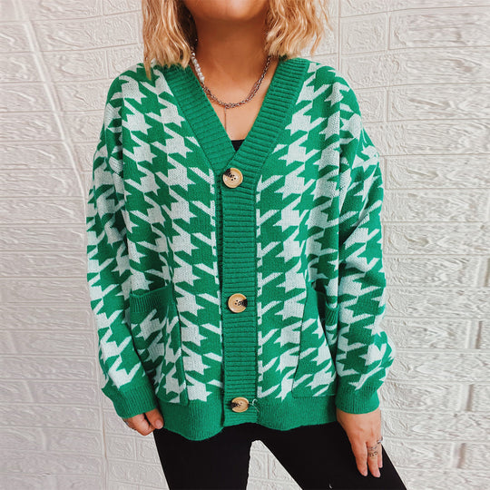 Damen gemütlicher Strickcardigan mit modernen Hahnentrittmuster und Knopfdetails EB