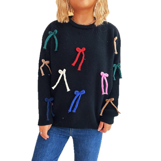 Damen kreativer Pullover mit bunten Schleifenakzenten EB