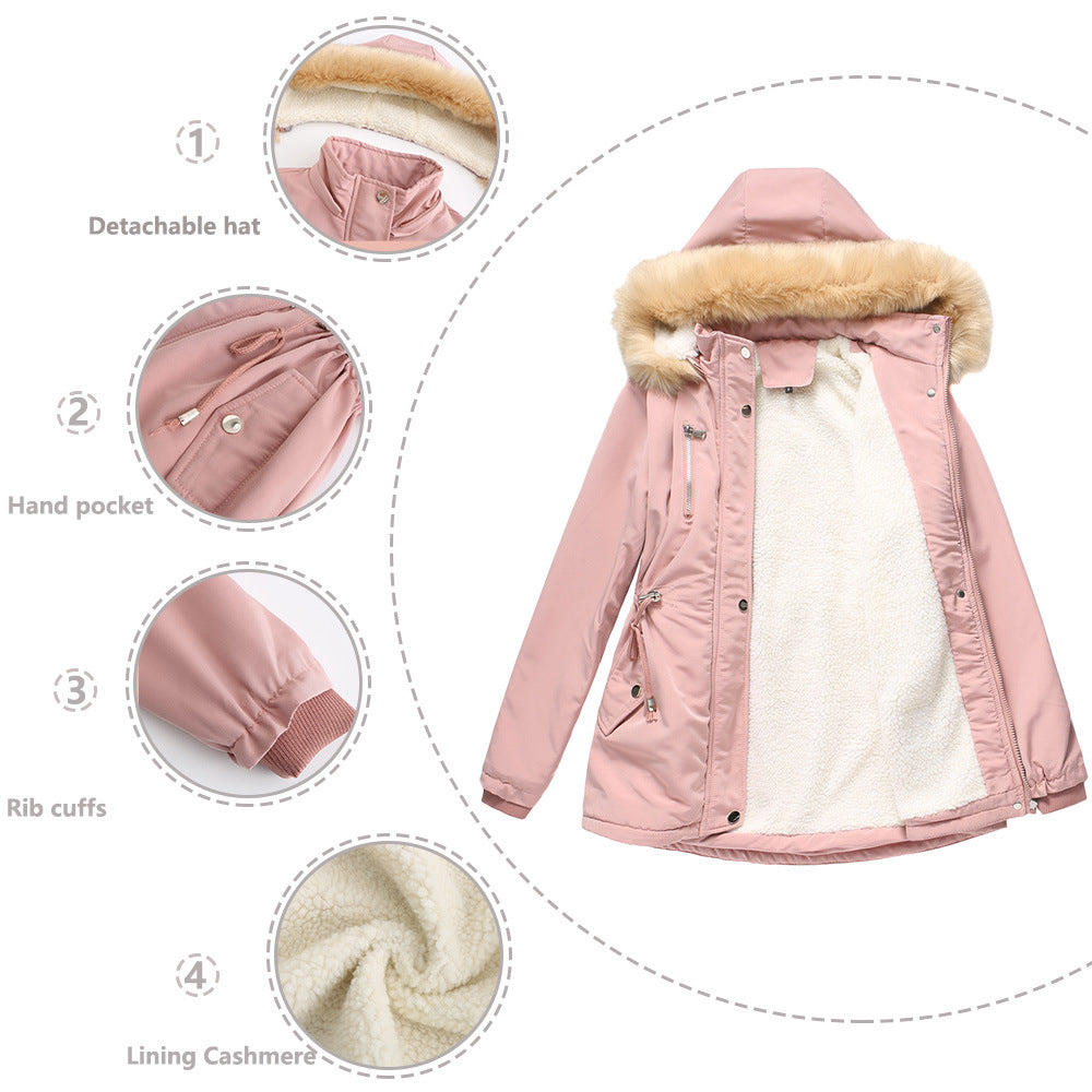 Damen modische Outdoor-Jacke mit abnehmbarem Kunstfellkragen und elastischem Taillenzug EB