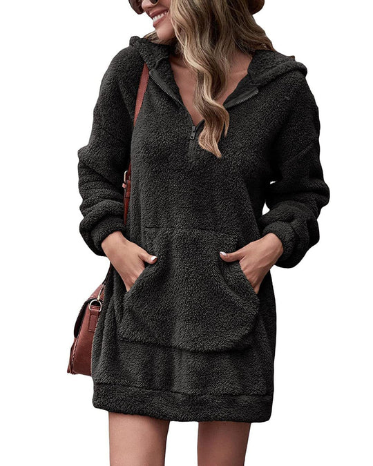 Damen Kuscheliger Hoodie-Kleid mit praktischen Taschen und halben Reißverschluss EB