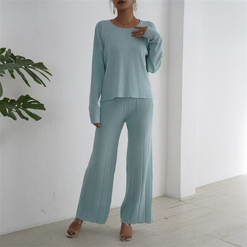 Damen lässiges und elegantes Strick-Loungewear-Set mit weitem Bein und feinen Rippenstrukturen EB