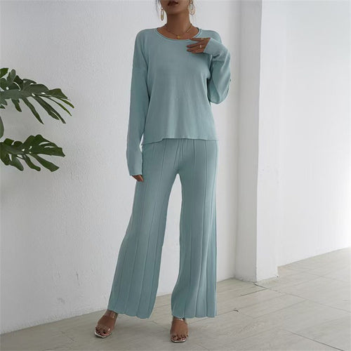 Damen lässiges und elegantes Strick-Loungewear-Set mit weitem Bein und feinen Rippenstrukturen EB