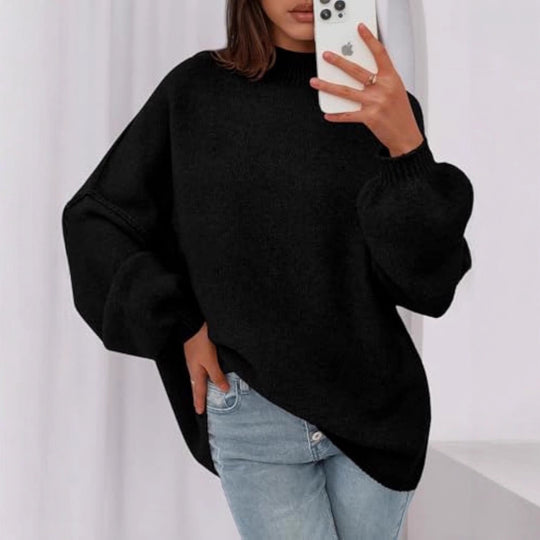 Damen Oversize-Strickpullover mit Stehkragen und Ballonärmeln EB