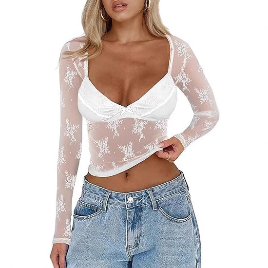 Damen Transparente Spitzenbluse mit eleganten Details EB