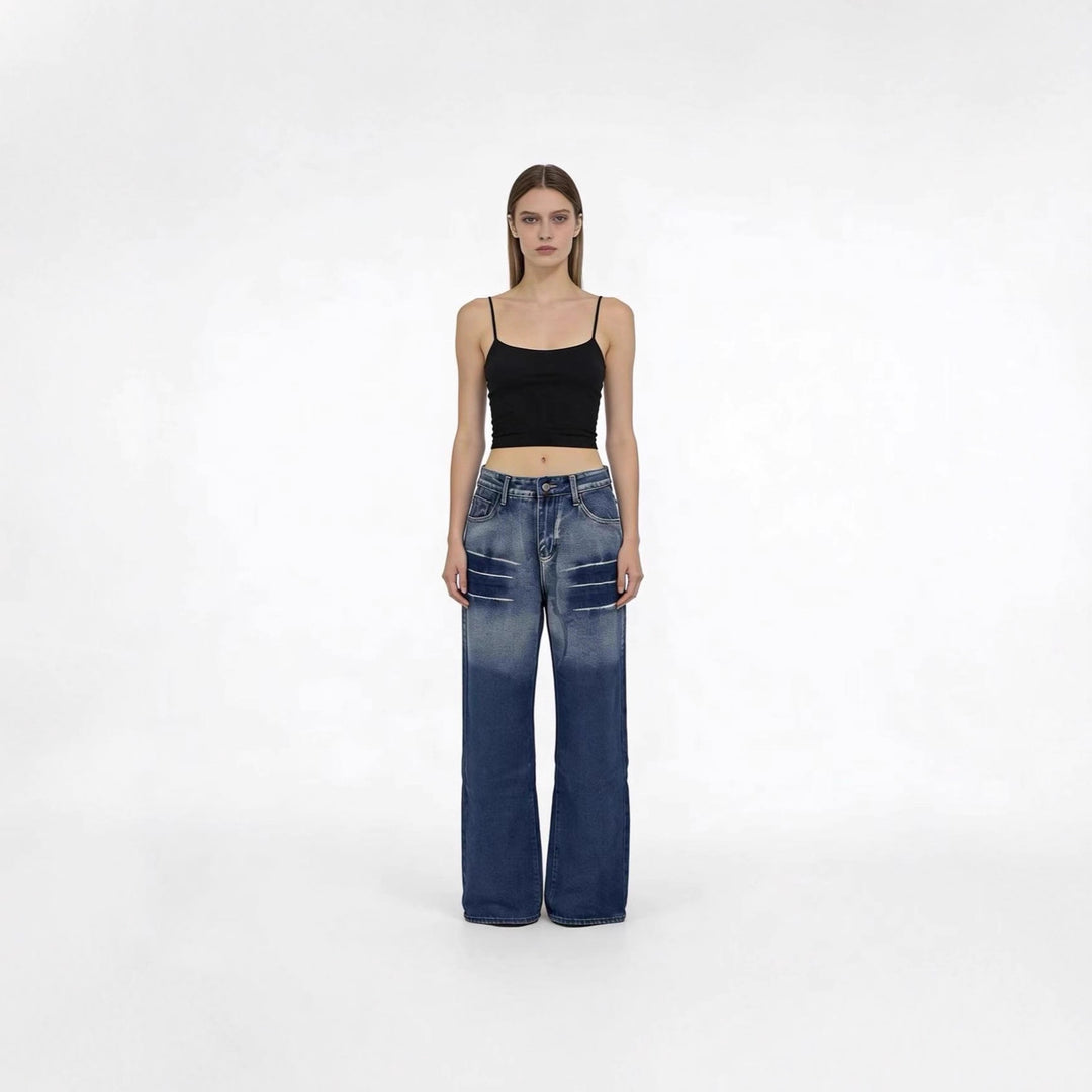 Damen weite hochgeschnittene Jeans mit besonderem Waschungseffekt EB