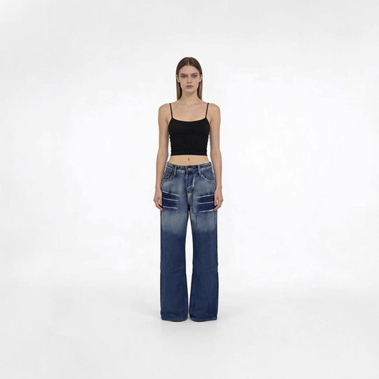 Damen weite hochgeschnittene Jeans mit besonderem Waschungseffekt EB
