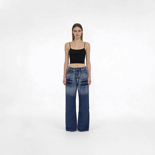 Damen weite hochgeschnittene Jeans mit besonderem Waschungseffekt EB