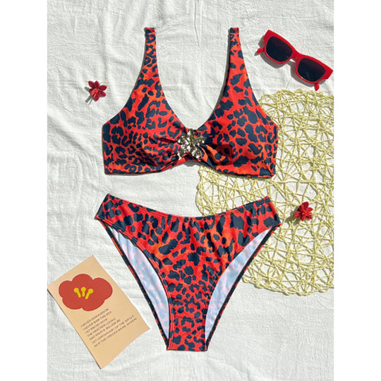 Damen Bandeau-Bikini mit glitzerndem Akzent und animalischem Muster EB