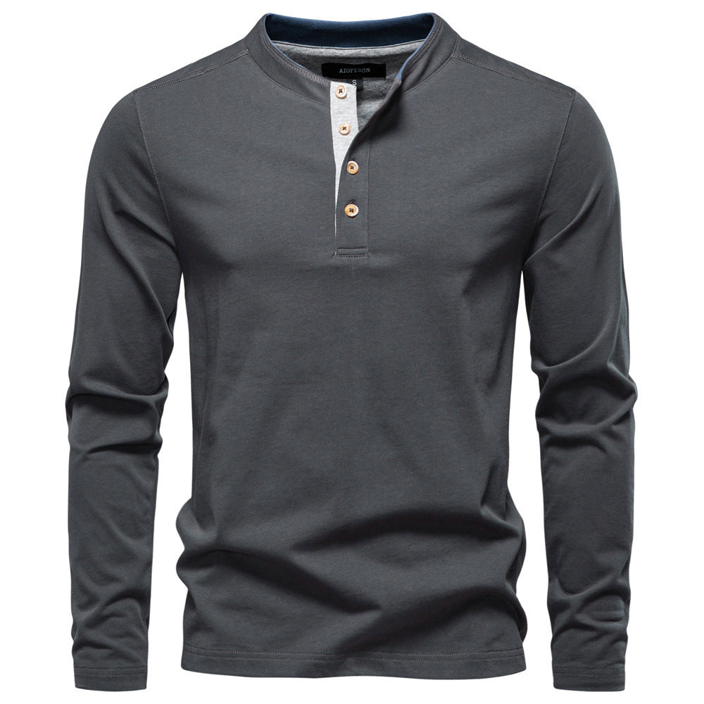 Herren nan legeres Baumwoll-Langarmshirt mit kurzer Knopfleiste und Stehkragen EB